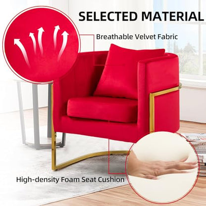 Velvet Accent Barrel Chairs Set of 2, Modern Arm Club Chair Set with Pillow for Living Room/Bedroom/Guest Reception, Channel Tufted, Gold Finish Base, Red - color: Red, size: 2 PCS