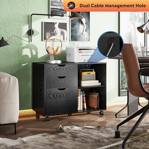 DEVAISE 3-Drawer Wood File Cabinet, Mobile Lateral Filing Cabinet, Printer Stand with Open Storage Shelves for Home Office, Black | Mobile Printer Stand, Open Storage Shelves, Letter & A4 Compatible, Wood, Home Office - color: Black