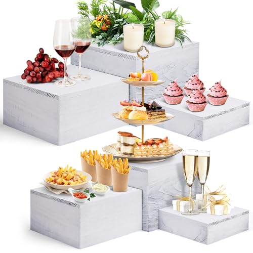 6 Pack Wooden Risers Display Stands Square Food Risers for Buffet Party Rustic Wood Cake & Cupcake Stands Nesting Box Wooden Crates for Display - color: White