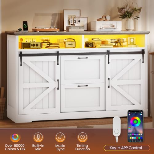 SEDETA 47.2" File Cabinet, 2 Drawers Filing Cabinets for Home Office fit Legal/Letter/A4 File, Farmhouse File Cabinet with Barn Door & Power Outlet, Printer Stand with Storage & LED Light, White+Grey - color: White+grey