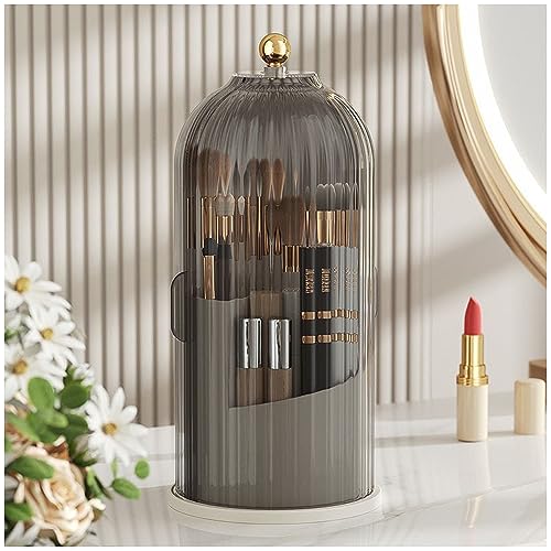 360° Rotating Makeup Brush Holder Organizer with Lid (Clear Black Cap) | Clear Dustproof Cosmetics Storage, Makeup Brushes Cup Pen Holder for Vanity Desktop Bathroom Countertop - color: Clear Black Cap