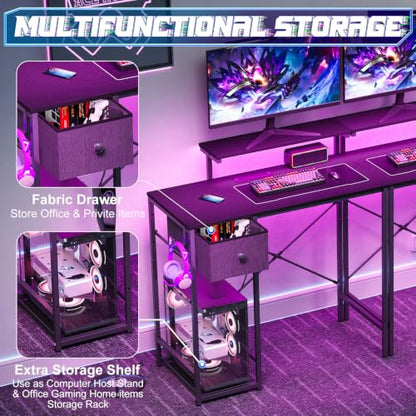 X-cosrack 33.5" Small Gaming Desk with LED Lights & Power Outlets, Drawers - color: Carbon Fiber Black, size: 33.5" with Monitor Stand