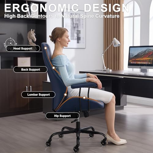 E-Motie Leather Office Chair, Mid Century Modern Desk Chair, Blue - color: Blue