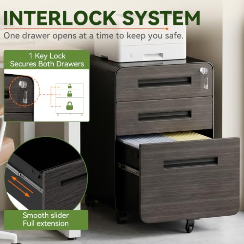 SAWJEC 3 Drawer Mobile File Cabinet with Lock, Fully Assembled, Black - color: 02l-black Brown