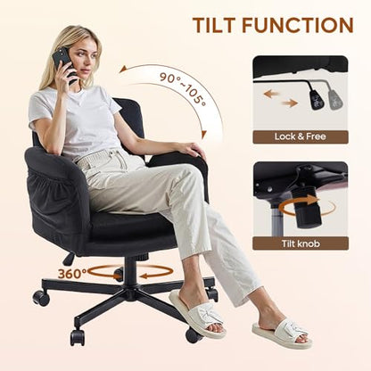 Bestier Criss Cross Chair with Flip-Up Arms, Black Velvet Office Chair | Swivel Makeup Vanity Chair with Wheels 2 Side Pockets, Cross Legged Office Chair for Home Office Bedroom Gaming - color: Black Velvet, size: Low Back