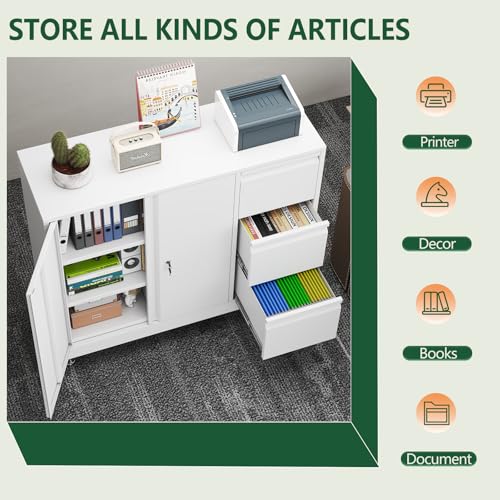 winiowa Mobile 3-Drawer File Cabinet with Wheel, Metal Lateral Rolling Printer Stand Filing Cabinets with Lock, Office Storage Cabinet for Office, Home, Garage, School, Gym-White - color: White
