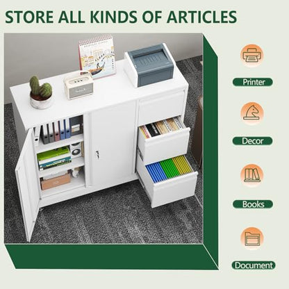 winiowa Mobile 3-Drawer File Cabinet with Wheel, Metal Lateral Rolling Printer Stand Filing Cabinets with Lock, Office Storage Cabinet for Office, Home, Garage, School, Gym-White - color: White