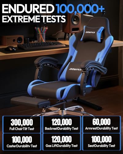 Dowinx Ergonomic Gaming Chair with Footrest & Massage Lumbar, 2D-Linkage Armrests for Computer Chair 330lbs with Headrest Pillow for Office, Home, Streaming and Long Gaming Sessions, Blue - color: Blue