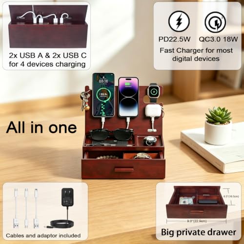 Wood Phone Docking Station with Drawer Nightstand Organizer for Men Dual Phone Charging Station for iPhone Samsung Google Desk Organizers Anniversary Birthday Gifts for Men Dad Him Husband - color: With drawer