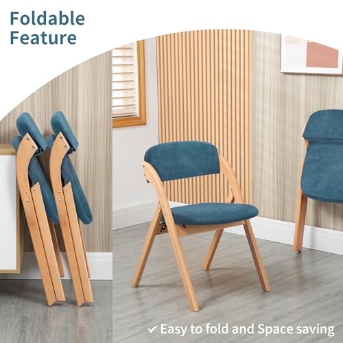 Folding Chairs with Cushion Padded Foldable Chiars 4 Pack | Wooden Dining Seat with Removable Cover Extra for Guests Kitchen Office Wedding Party Picnic, Smog Blue - color: Smog Blue, size: 4PCS