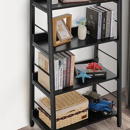 BATHWA 5 Tier Book Shelf, Black Industrial Open Wood and Metal Ladder Bookshelf, 59''H 24''W Wooden Ladder Shelf for Small Places, Living Room, Bedroom - color: Black, size: 1pack-59"H x 23.6"L x 13.8"D