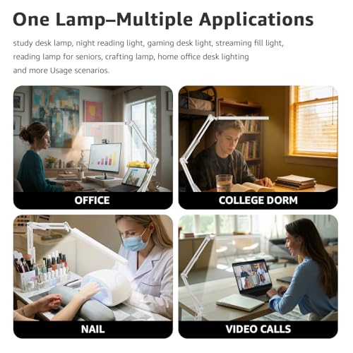 Upgrade Swing Arm LED Desk Lamp with Clamp, 80 LED Beads, 5 Color Modes & 11 Brightness Levels, 360° Adjustable Arm, Eye-Caring Light CRI95, Timer & Memory Function, for Office, Study, Crafting - color: Clip-White