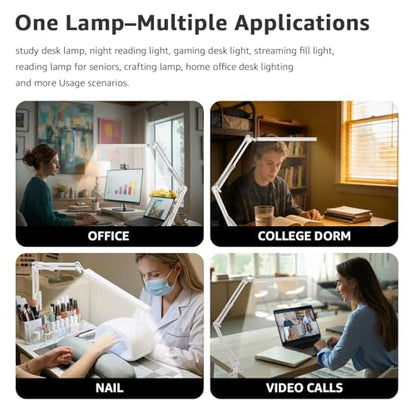 Upgrade Swing Arm LED Desk Lamp with Clamp, 80 LED Beads, 5 Color Modes & 11 Brightness Levels, 360° Adjustable Arm, Eye-Caring Light CRI95, Timer & Memory Function, for Office, Study, Crafting - color: Clip-White