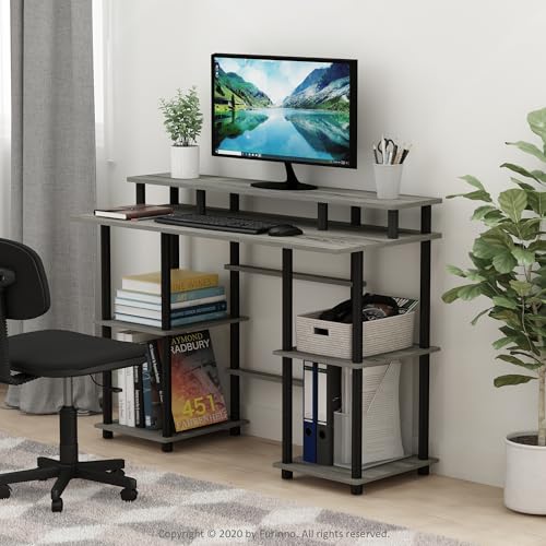 Furinno Turn-N-Tube Computer Desk, French Oak Grey/Black | Computer Desk with Monitor Stand, Office Desk for Home Office, Bedroom - color: French Oak/Black