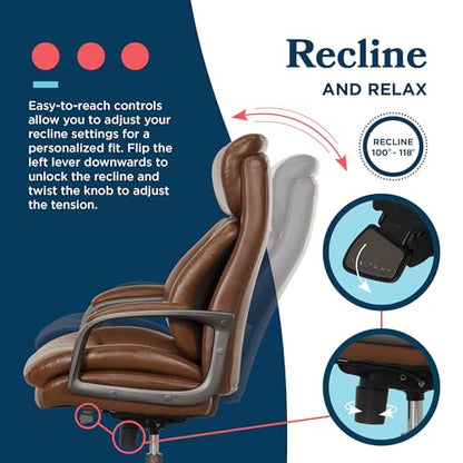 La-Z-Boy High-Back Ergonomic Office Chair, AIR Lumbar Support Leather Chair | Nova, 350lb Capacity Executive Task Chair, Padded Headrest & Arm, Layered Foam Seat Cushion, Swivel, Back Pain Relief, Cognac - color: Cognac