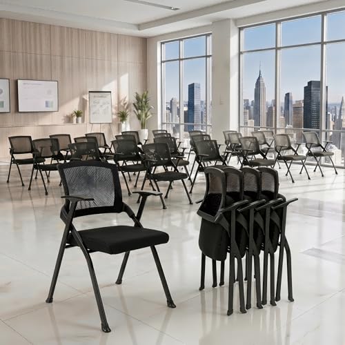 Heavy Duty Folding Office Chair with Breathable Mesh Back - Comfortable Padded Seat & Sturdy Frame for Conference Room, Training,Meeting,Classroom - Stackable Black Guest Reception Chair with Armrests - color: Basic Folding