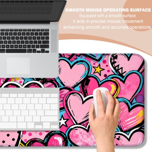 Pink Heart Star Large Mouse Pad & Desk Mat for Game, Office & Home | 31.5"x11.8"x0.12", HD Print, Long, Extended, Ultra-Smooth Surface, Non-Slip Rubber Base, Stitched Edges, Office Accessories - color: Xk06