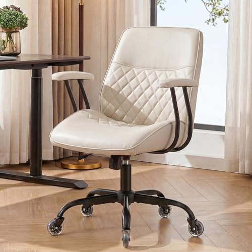 NEO CHAIR Leather Office Chair with Ergonomic Design, Swivel Chair, Ivory | Modern Computer Desk Chair with Genuine Leather, Lumbar Support, Removable Arms, Comfy Chair for Home Office, Smooth Rolling - color: C. Mid-back Ivory