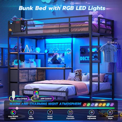 DICTAC Bunk Bed with L-Shaped Desk,5 Storage Drawers and 2 Shelves Metal Twin XL Over Twin Bunk Bed with LED Lights and Charging Station,bunk Beds with Safety Guardrail & Ladder,Space-Saving,Black - color: Black, size: Twin XL Over Twin