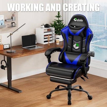 Czlolo Gaming Chair with Footrest Racing Style Lumbar Support Massager Video Game Chair with Metal Legs, High Back Reclining Gamer Chair with Headrest, 360° Swivel Office Computer Desk Chair (Blue) - color: Blue