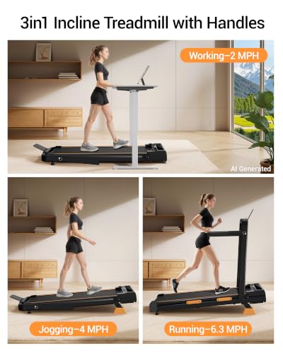 16% Incline Walking Pad Treadmill, 3-in-1 Under Desk Treadmill with Handles | Foldable, Compact, Portable Treadmills for Home Small, 2.5HP Quiet Brushless, 330 LBS Capacity, Home Office, LED Display