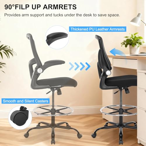 Drafting Chair, Ergonomic Tall Office Chair with Lumbar Support Standing Desk Stool with Flip-up Armrests Comfy High Office Desk Chair with Adjustable Foot Ring for Counter Height Desk, Black