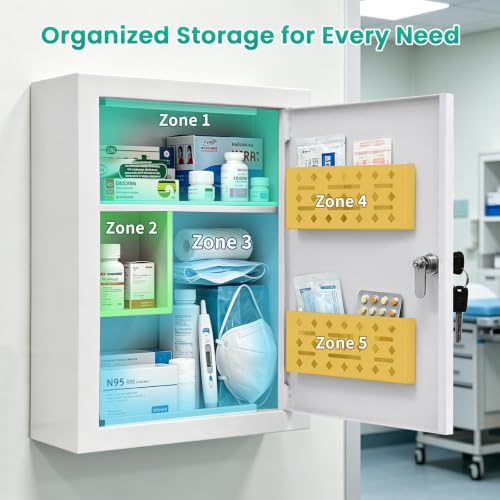 Metal Locking Wall-mounted Medicine Cabinet, Bathroom Medicine Cabinet Organizer with 3 Compartments & 2 Door Storage Bins, First Aid Cabinet for Home Bathroom Office, Weekly Pill Organizer Included - size: 11.7 x 4.7 x 15.6 inches