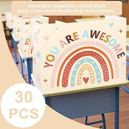 Whaline 30Pcs Privacy Boards Boho Classroom Desk Dividers Colorful Rainbow Heart You are Awesome Desk Privacy Panel Foldable Screen Partition for School Teacher Student Test Supplies