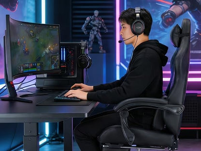 Gaming Chair with Footrest and Massage Lumbar Support, Ergonomic Computer Gamer Chair, Office Video Game Chairs with Adjustable Height and Backrest (Black) - color: Black