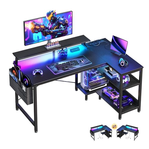 ODK 40 Inch L Shaped Gaming Desk with LED Lights, Power Outlets, Black - size: 40 Inch