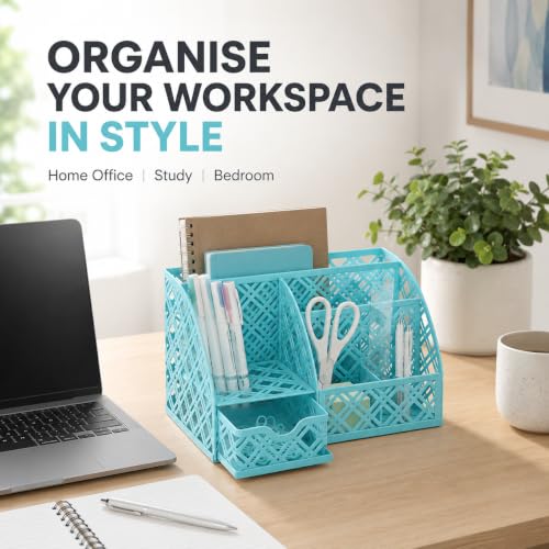 Exerz Mesh Desk Organizer 7 Compartments Metal Pen Holder Office Turquoise - color: F7 Turquoise