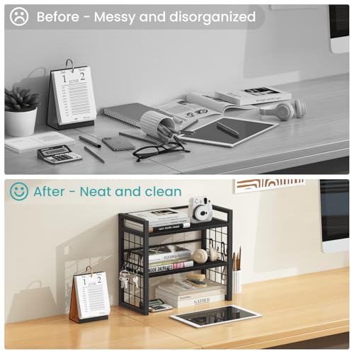 ELITEROO Desk Shelf Organizer, 2 Tier Wooden Desktop Bookshelf, Black - color: Black