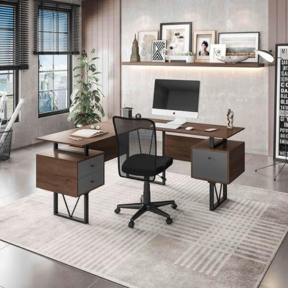 Techni Mobili Reversible L-Shaped Computer Desk with File Cabinet, Brown