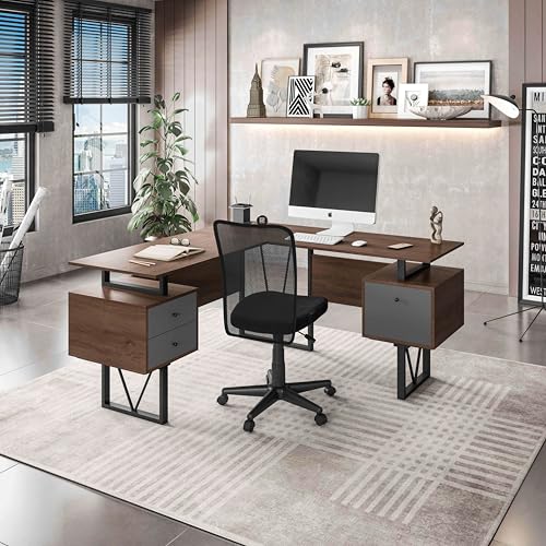 Techni Mobili Reversible L-Shaped Computer Desk with File Cabinet, Brown