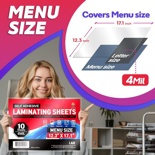 Self-Adhesive Laminating Sheets, No Heat, 12.3x17.1 in, 4 Mil, 10 Pack | Menu size sheets with a clear glossy finish for menus, posters, certificates and ID cards at home, school or work. - size: Menu Size 10Pack