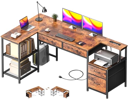 Korfile 57 Inch L Shaped Computer Desk with Power Outlets, Reversible Home Office Desk with 4 Fabric Drawers & 2 Adjustable Mesh Shelves, Corner Study Work Desk with Larger Storage, Rustic Brown - color: Rustic Brown, size: 57 inch