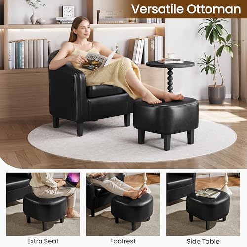 Yaheetech Accent Chairs with Ottoman, Faux Leather Barrel Chairs, Black - color: Black, size: Chair:25.5x 27.5 x 28''H Ottoman:18x 18.7x 15.7''H