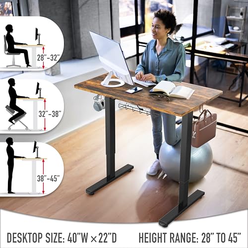 SHW 40 x 22 Inches Electric Height Adjustable Stand Desk, Rustic Brown | with Hanging Hooks and Cable Management, Black Frame and Rustic Brown Top - color: Rustic Brown, size: 40-Inch