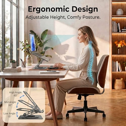 Aluminum Laptop Stand for Desk, Heavy Duty Computer Stand with 360° Rotating Base, Ergonomic Adjustable Height Notebook Riser, Compatible with MacBook Pro/Air, Dell, HP, 10-17” Laptops - Grey - color: Space Gray