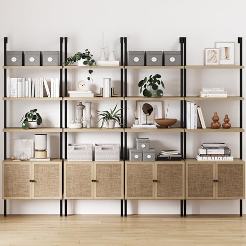 Nathan James Theo Industrial Open Shelf Bookcase with Accent Rattan Drawers Light Oak Wood, Matte Black Frame, Set of 4 - color: Theo Light Oak/Black, size: Set of 4