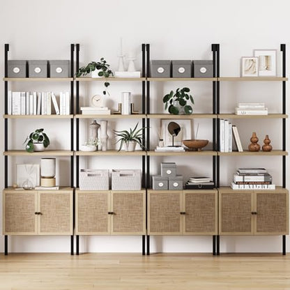 Nathan James Theo Industrial Open Shelf Bookcase with Accent Rattan Drawers Light Oak Wood, Matte Black Frame, Set of 4 - color: Theo Light Oak/Black, size: Set of 4