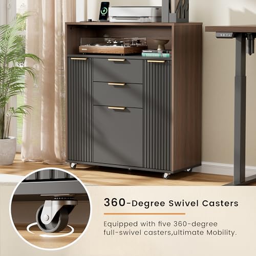 ModernMate Fluted Mobile File Cabinet with Charging Station | 37" Rolling Storage Cabinet with 3 Drawers, Printer Stand with Wheels for Home Office, Black Walnut - color: Black Walnut