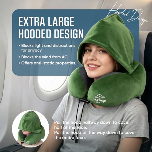 SkytraxComf® Travel Neck Pillow with Hood for Privacy on Long Flights | Memory Foam | Airplane Sleep | Safety-Tested Materials | Extra Large Hood | Chin Support | Earplugs | Washable Cover - color: Olive