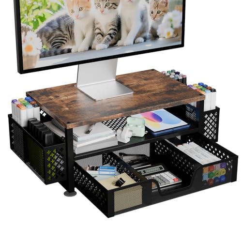 Simple Trending Monitor Stand with Drawer, 2-Tier Laptop Stand, Wood | Desk Organizers and Accessories with Drawer and 2 Pen Holders, Wood + Metal Stand Riser for Home Office, 20"W x 10"D x 5.8"H - color: Wood