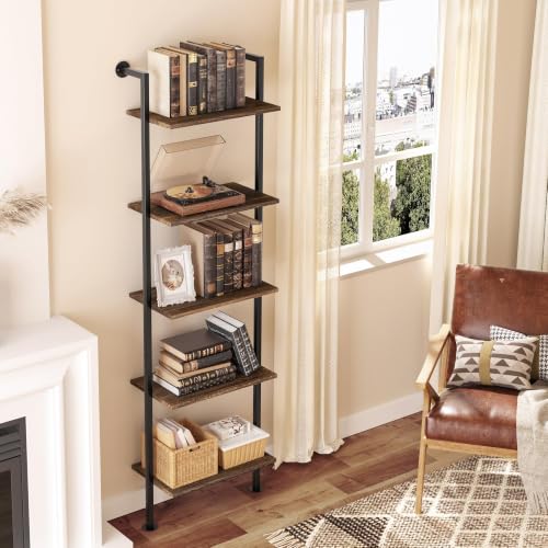 5-Tier Bookshelf,Solid Wood Narrow Bookcase Set of 1,Wall Mount Ladder Shelf,Wooden Storage Shelves for Bedroom,Home Office,Living Room,Dark Brown - color: Solid Wood Dark Brown-1pc