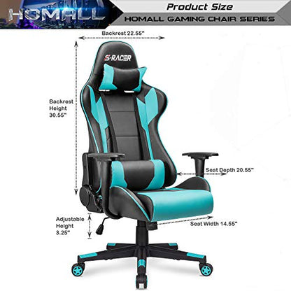 Homall Gaming Chair, Office Chair High Back Computer Chair Leather Desk Chair Racing Executive Ergonomic Adjustable Swivel Task Chair with Headrest and Lumbar Support(Cyan) - color: Cyan
