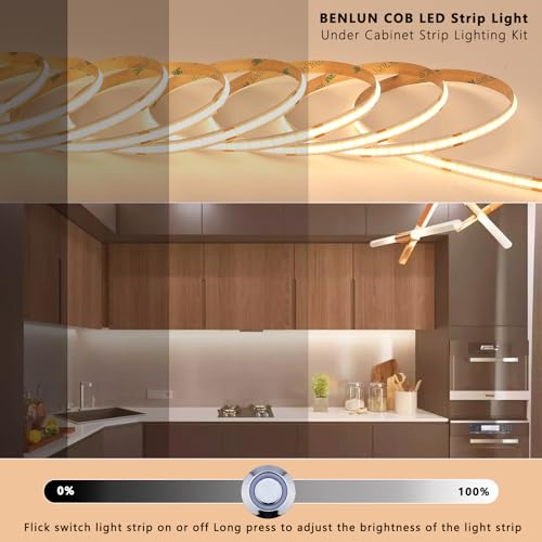 BENLUN 12V COB LED Under Cabinet Strip Lighting Cuttable 32.8ft for Kitchen | 3000K Warm White LED Strip Lights Dimmable Adhesive 8W/M CRI 93 with Dimmer and Power Supply for Bookcase Shelf Display - color: Warm White