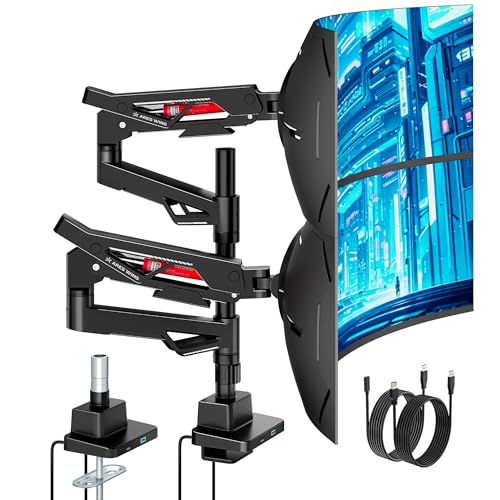 ARES WING Heavy-Duty Gas Spring Dual Ultrawide Monitor Arm57 60Lbs USB VESA | Height Adjustable & Extendable,Built-in USB Port,60Lbs Per Screen, Multi VESA Fit, Clamp & Grommet Base For Ultrawide Screens - style: With USB