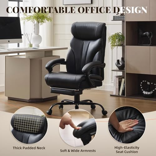 Office Chair with Footrest 500 LBS, Heavy Duty Executive Leather Desk Chair 100-135° Recline, Ergonomic Computer Chair for Heavy People Long Hours Work with Retractable Footrest, Black - color: Black With Footrest