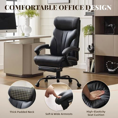 Office Chair with Footrest 500 LBS, Heavy Duty Executive Leather Desk Chair 100-135° Recline, Ergonomic Computer Chair for Heavy People Long Hours Work with Retractable Footrest, Black - color: Black With Footrest